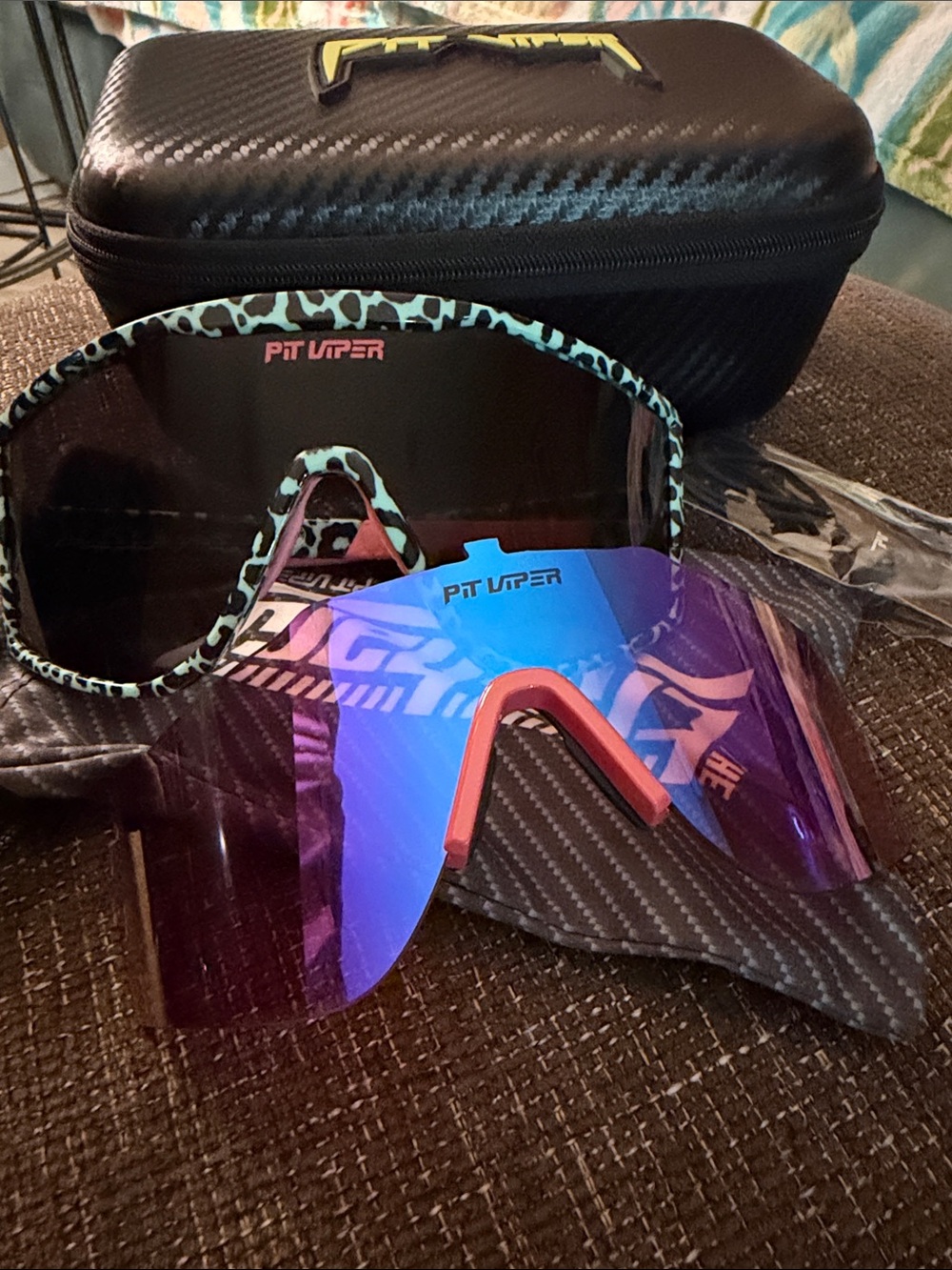 Pit Viper Try Hard with Blue and Pink Mirrored Goggles and Leopard Trim